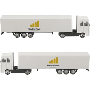 A novelty truck toy model in white and black, featuring a logo on the side. Two units are displayed.