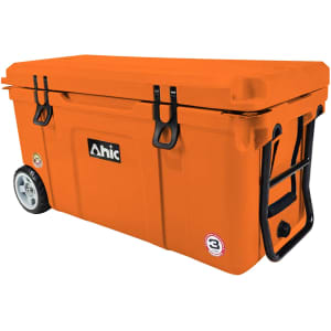 An orange 75L cooler box with wheels and a black handle, featuring a logo on the side.