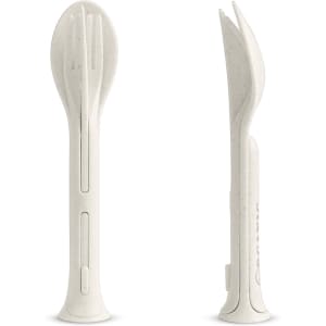 A 3-in-1 portable utensils set in white, featuring a fork, knife, and spoon combined into one sleek design.
