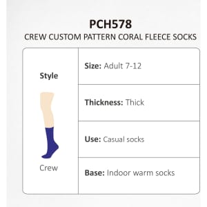 A pair of thick crew socks in coral fleece, suitable for adults size 7-12, featuring a textured pattern.