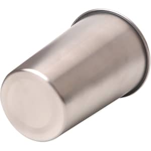 A stainless steel cup with a shiny finish, featuring a circular base and no visible branding.