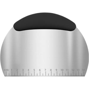 A flour cutter with measurements, featuring a stainless steel blade and a black ergonomic grip.