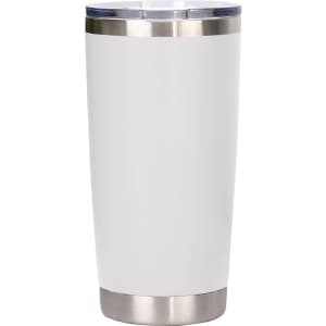 A drink bottle in white with a stainless steel base, featuring a clear lid and a simple design, includes a logo.
