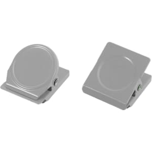 Two grey metal magnetic clips positioned at different angles, featuring a simple design and a logo on one clip.