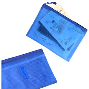 A blue A5 zippered pouch bag featuring a mesh design and holding assorted documents and a notebook.