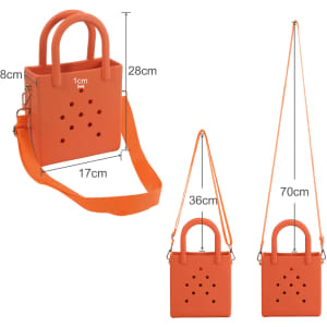 An orange mini beach bag with holes, featuring two handles and an adjustable strap, shown in multiple angles.