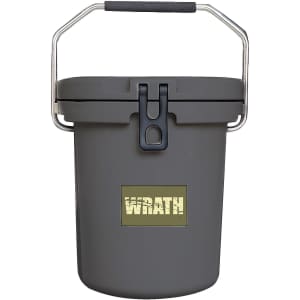 A grey 15L ice bucket with handle and a latch closure, featuring a logo on the front.