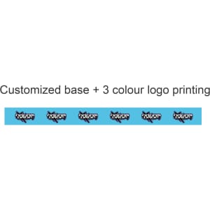 A roll of BOPP packaging tape featuring a light blue background with a multicoloured printed logo design.