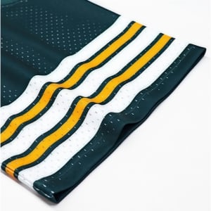 A loose retro V-neck hockey jersey featuring green, white, and yellow stripes with a breathable fabric texture.