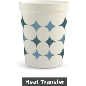 A plastic stadium cup featuring a geometric blue and white design with a logo.
