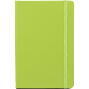 A green PU A6 notebook featuring a smooth cover and an elastic band. It has a logo on the front.