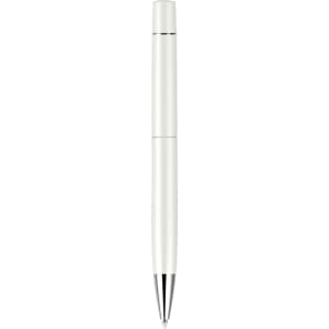 A sleek white pen with a silver tip and a logo on the body, featuring a spray finish.