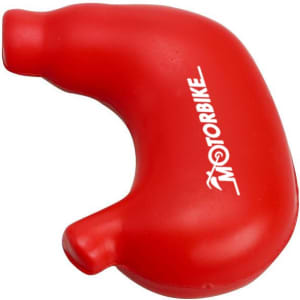 A red stomach-shaped stress reliever with a logo on its surface.