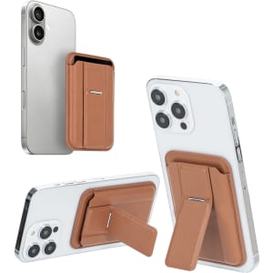 A PU magnetic card holder in tan, designed to attach to a phone, with a built-in phone stand feature.