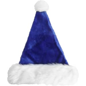 A plush Santa hat in blue with a white faux fur trim and pom-pom at the top.