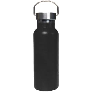 A drink bottle featuring a sleek black design, double wall vacuum insulation, and a stainless steel lid with a handle.