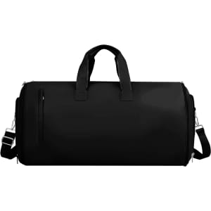 A black convertible duffel bag with handles and a shoulder strap, featuring a zipper and an additional pocket.