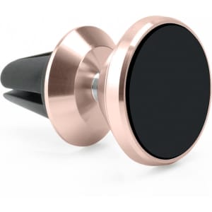 A rotatable clip-on car phone holder in rose gold and black, featuring a sleek design and a logo on the base.