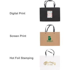 A medium crosswise paper bag with a knitted handle, available in black and natural brown, featuring various print designs.