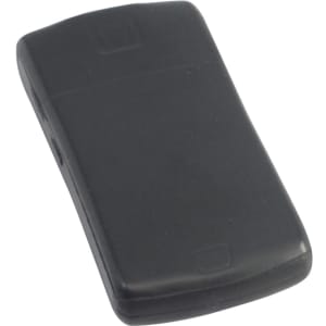 A black mobile phone-shaped stress reliever with a smooth surface and rounded edges, featuring a logo.