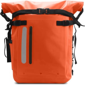 An orange waterproof roll top backpack featuring adjustable straps and reflective detailing, with a logo present.