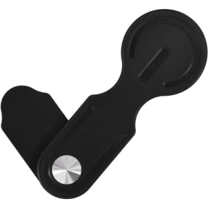 A plastic magnetic phone holder for laptop in black, featuring a circular base and a sleek design, with a metallic accent.