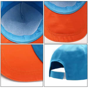 A vibrant sandwich bill hat featuring orange and blue fabric, showcasing its interior and adjustable strap.