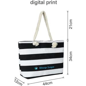 A striped tote bag in black and white with a rope handle and a logo. Dimensions: 44cm wide, 34cm high.