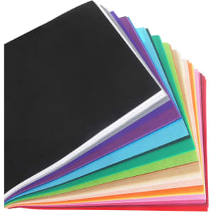 A collection of non-woven fabric sheets in various colours, including black, blue, green, and red, stacked together.