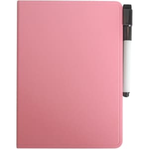 A5 whiteboard notebook in pink with a black and white pen attached to it. Features a smooth, sleek cover design.