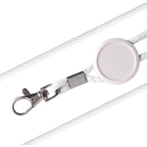 A white lanyard with a silver clip and an epoxy domed attachment. The lanyard is made of a textured material.