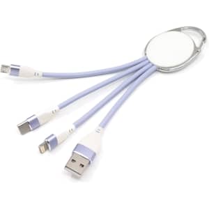A charging cable with a keyring, featuring three connectors: USB, Micro USB, and Lightning, in purple and white.
