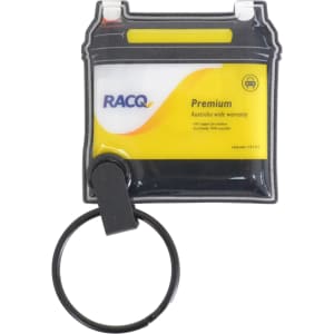 A PVC LED keyring in black and yellow shape, featuring a logo and a ring for attaching keys.