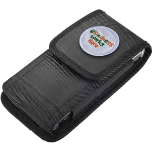 A black phone pouch with a belt clip and a circular logo on the front.