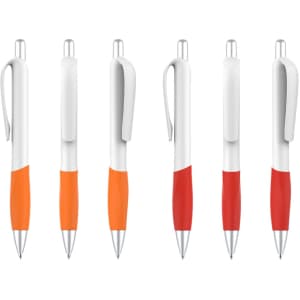 A collection of plastic pens with creamy white barrels and coloured grips in orange and red shades. Each pen features a clip.