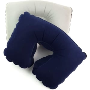 An inflatable travel pillow in navy blue and grey, featuring a contoured design for comfort. It has a logo.