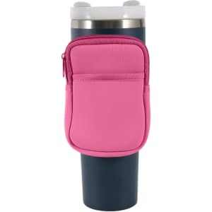 A drink bottle pouch in pink with a zippered pocket, designed to fit a tall drink bottle or tumbler.