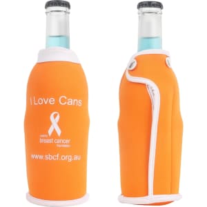 A drink bottle cooler in bright orange featuring a logo and a white accent, designed to fit standard beverage bottles.