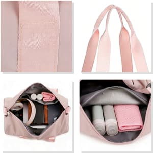 A pink bucket duffle bag featuring wide straps and multiple compartments, with various items neatly arranged inside.