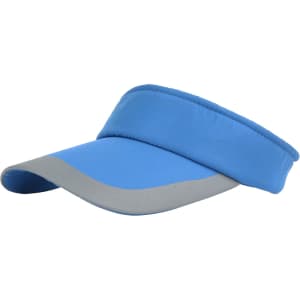 A blue and grey sun visor featuring a wide brim and a padded headband. It includes a brand logo.
