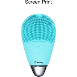 A silicone facial cleansing brush in light blue, featuring a textured surface and control buttons, with a logo.