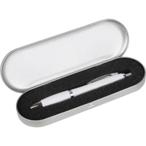 A silver tin with a black foam insert, holding a white pen inside. The tin has a sleek design and includes branding.