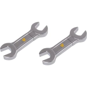 A silver dual spanner flash drive featuring a sleek design and a small logo.