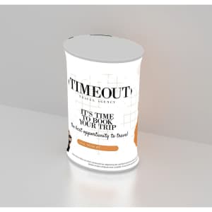 A backlit LED spring-up display in white and orange, featuring a travel agency promotional design with a logo.
