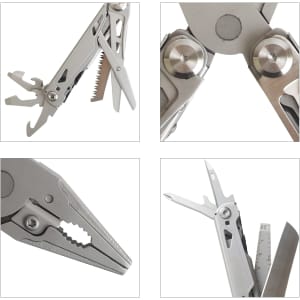 A set of silver multi-tools featuring pliers, a knife, a saw, and various smaller tools, with shiny metallic finishes.