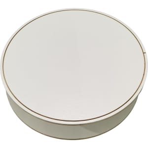 A round, backlit LED display with a sleek, white finish and a subtle gold rim. It also features a logo.