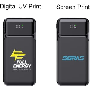 A black 10000mAh power bank featuring different printing styles and a digital display for battery percentage.