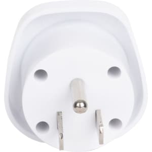 A white travel adapter with two flat pins and a round earth pin, designed for connecting AU plugs to US sockets.