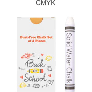 A white box containing four dust-free chalk sticks in various colours, featuring a logo on the packaging.