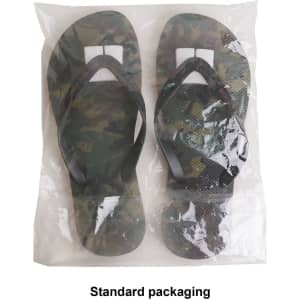 Rubber thongs in camouflage pattern, packaged in clear plastic. Black straps complement the design.